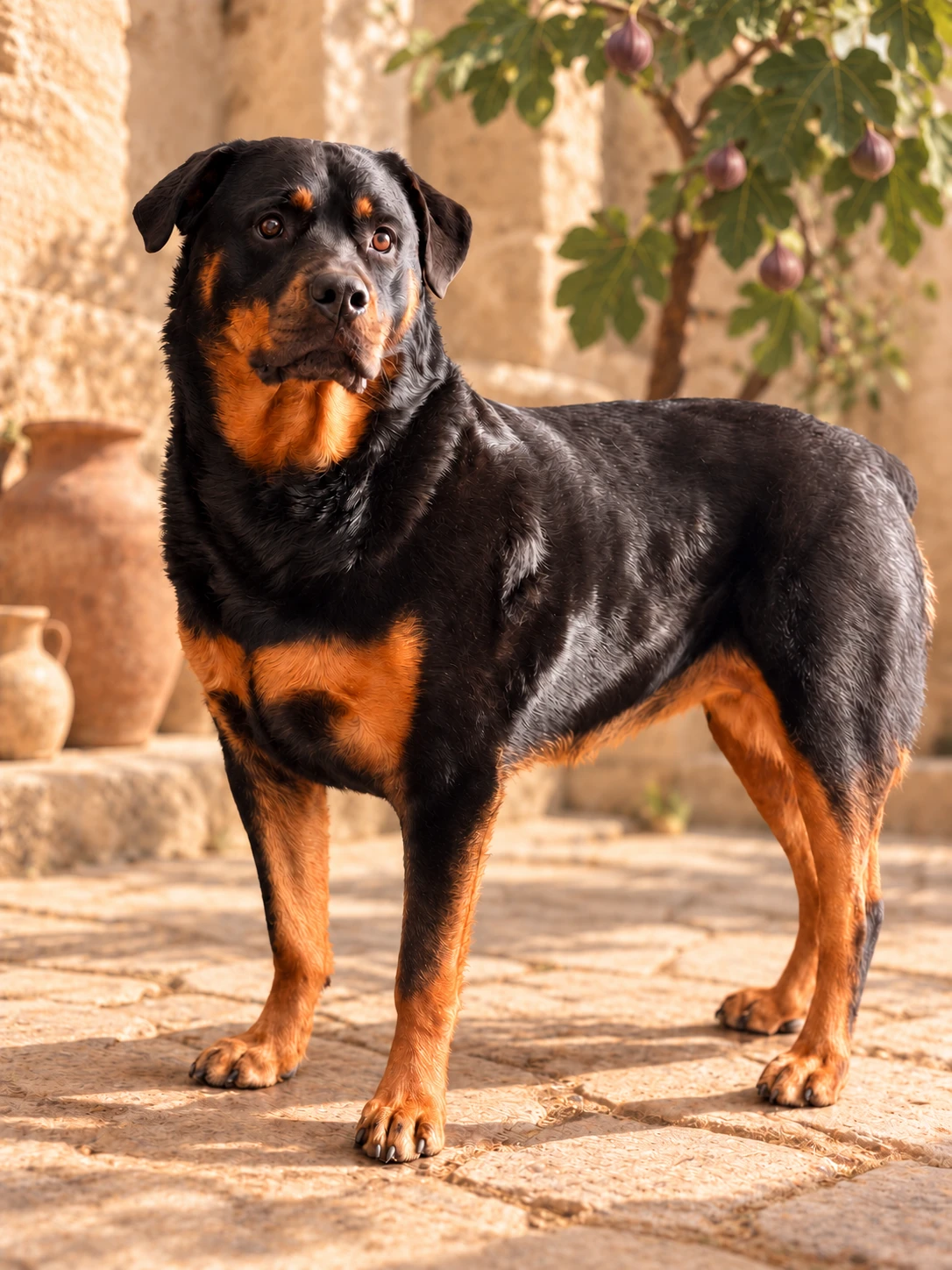 Bella, our beloved black and tan Rottweiler, in a first-century-inspired stone courtyard