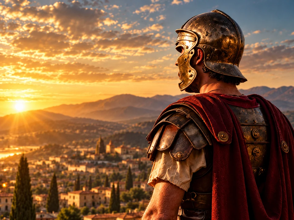 Roman centurion overlooking an ancient landscape
