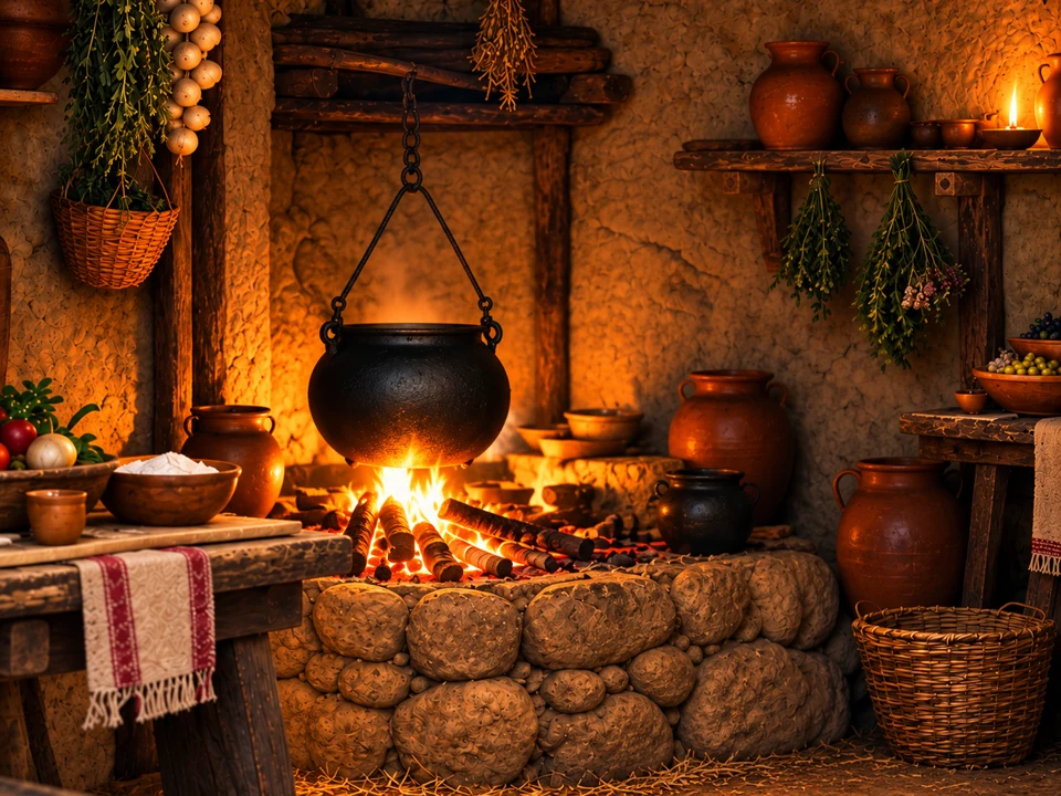 Glowing fire and stone cottage hearth